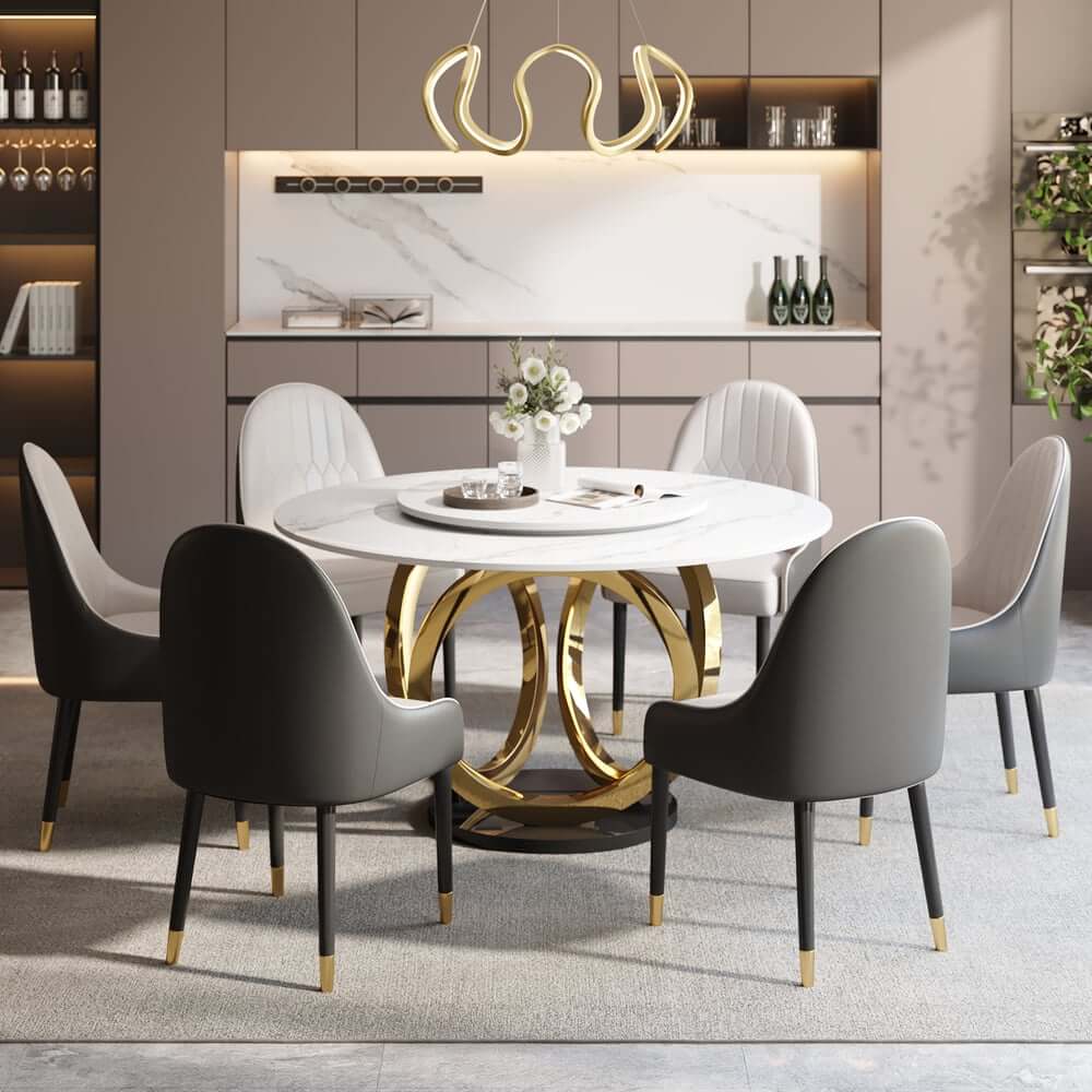 Modern Sintered Stone Dining Set With Gold Pedestal Base