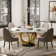 Modern Sintered Stone Dining Set With Gold Pedestal Base