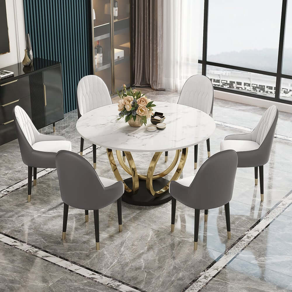 Modern Sintered Stone Dining Set With Gold Pedestal Base