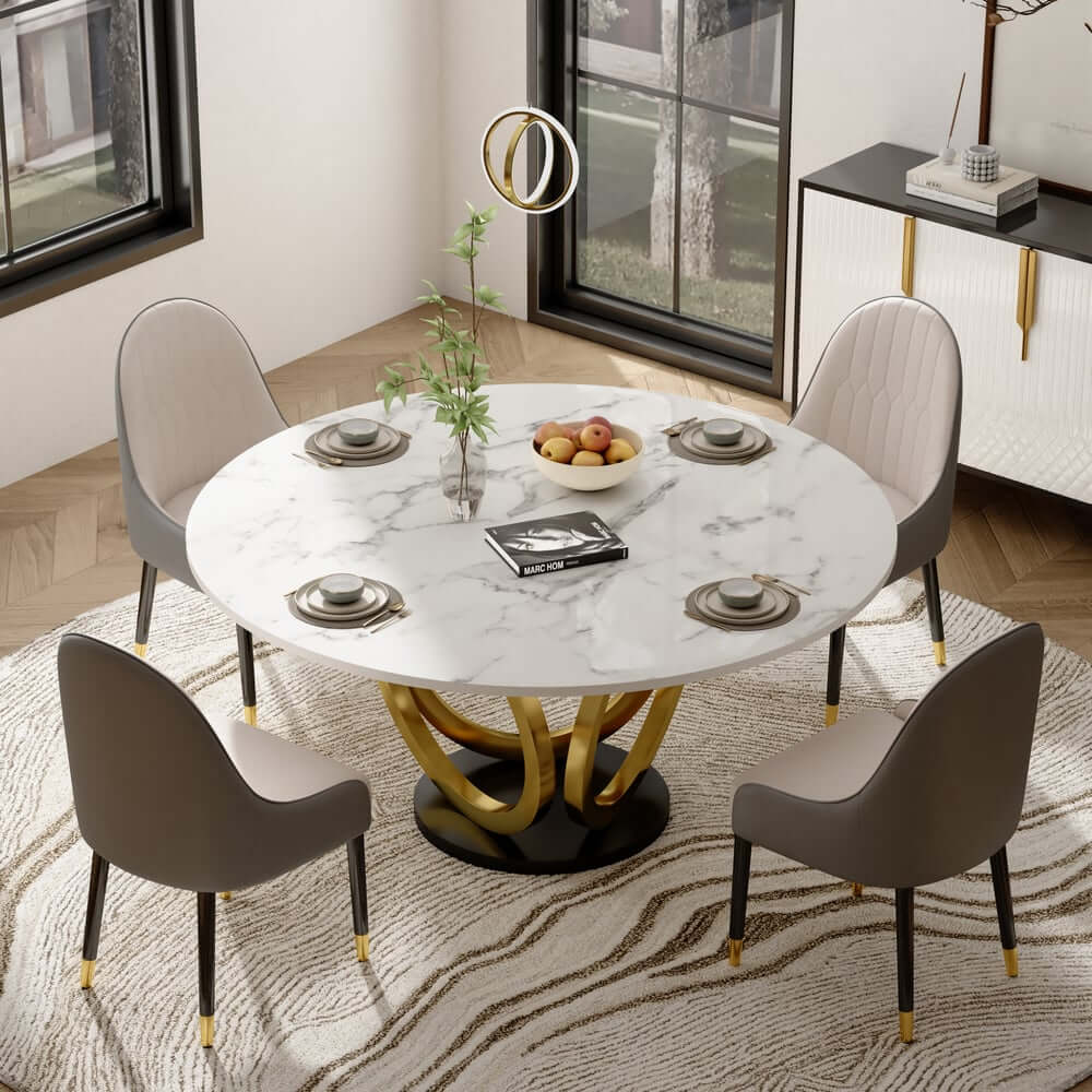 Modern Sintered Stone Dining Set With Gold Pedestal Base