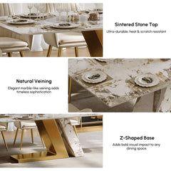 Modern Sintered Stone Dining Table With Gold Pedestal Base