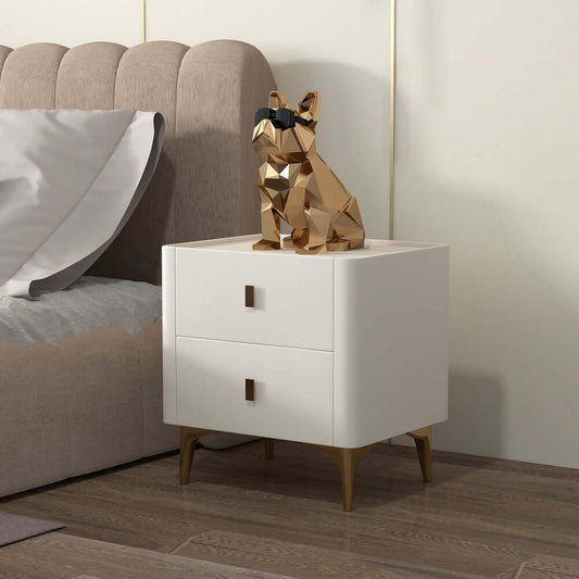 Modern Sintered Stone Nightstand With Faux Leather Drawers