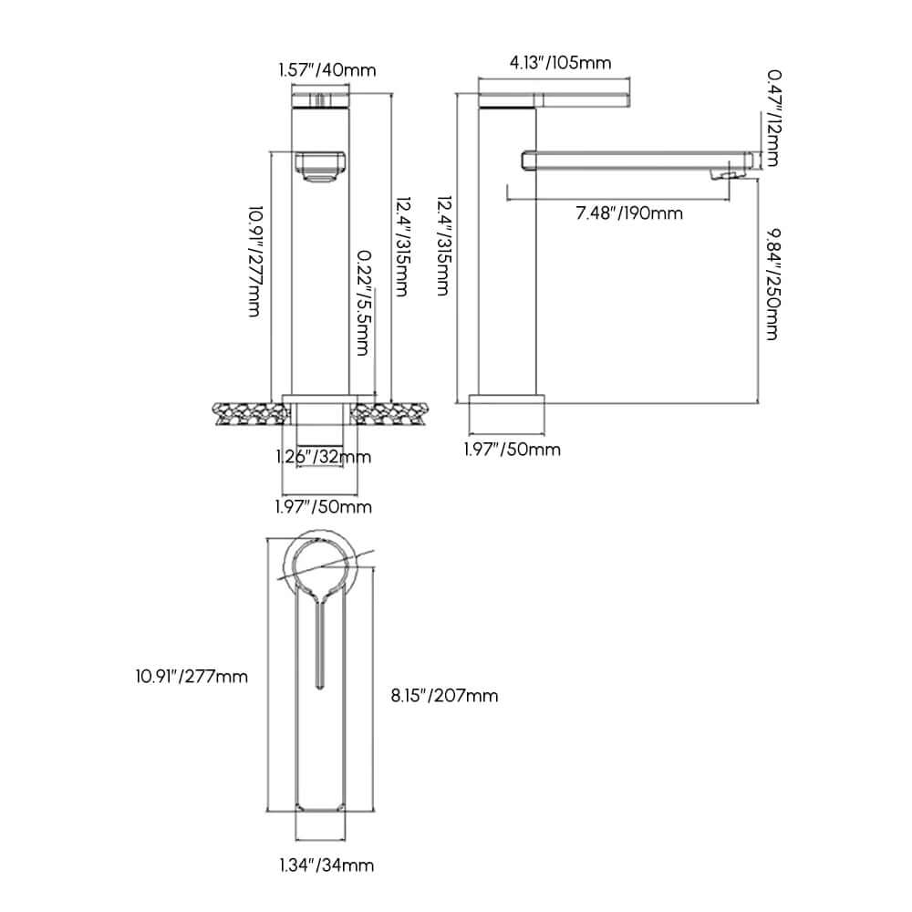 Modern Solid Brass Bathroom Faucet with Brushed Gold Finish Dimensions