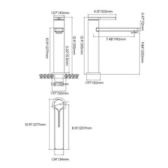 Modern Solid Brass Bathroom Faucet with Brushed Gold Finish Dimensions