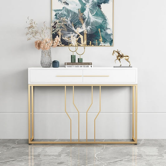 Modern Solid Wood Console Table with Gold Metal Base and Drawers