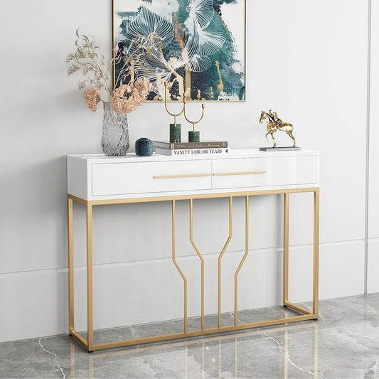 Modern Solid Wood Console Table with Gold Metal Base and Drawers Main Product Image