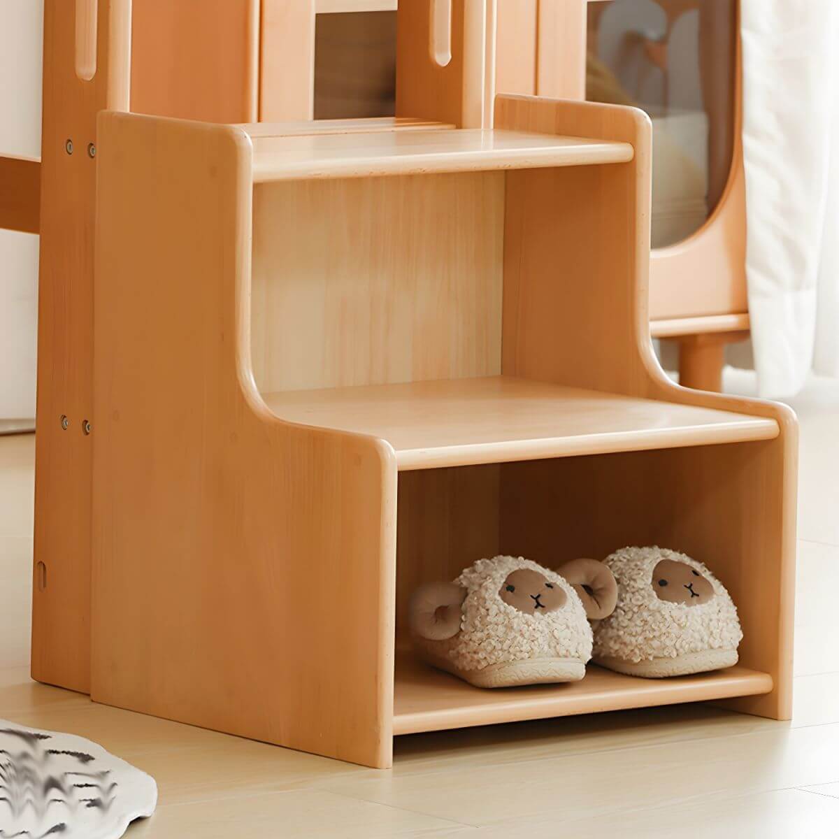 Modern Solid Wood Kids Nightstand with Open Shelves and Rounded Edges