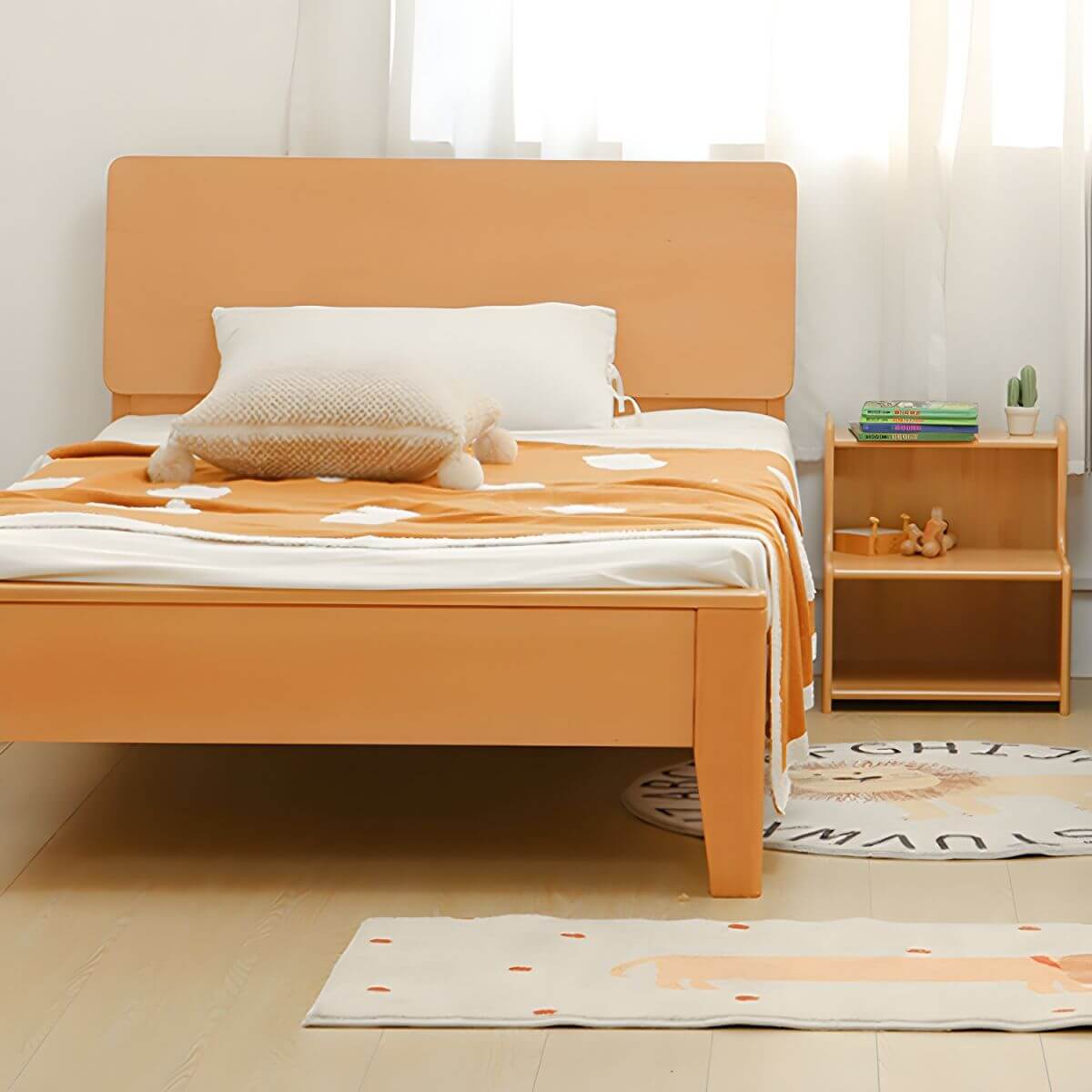 Modern Solid Wood Kids Nightstand with Open Shelves and Rounded Edges