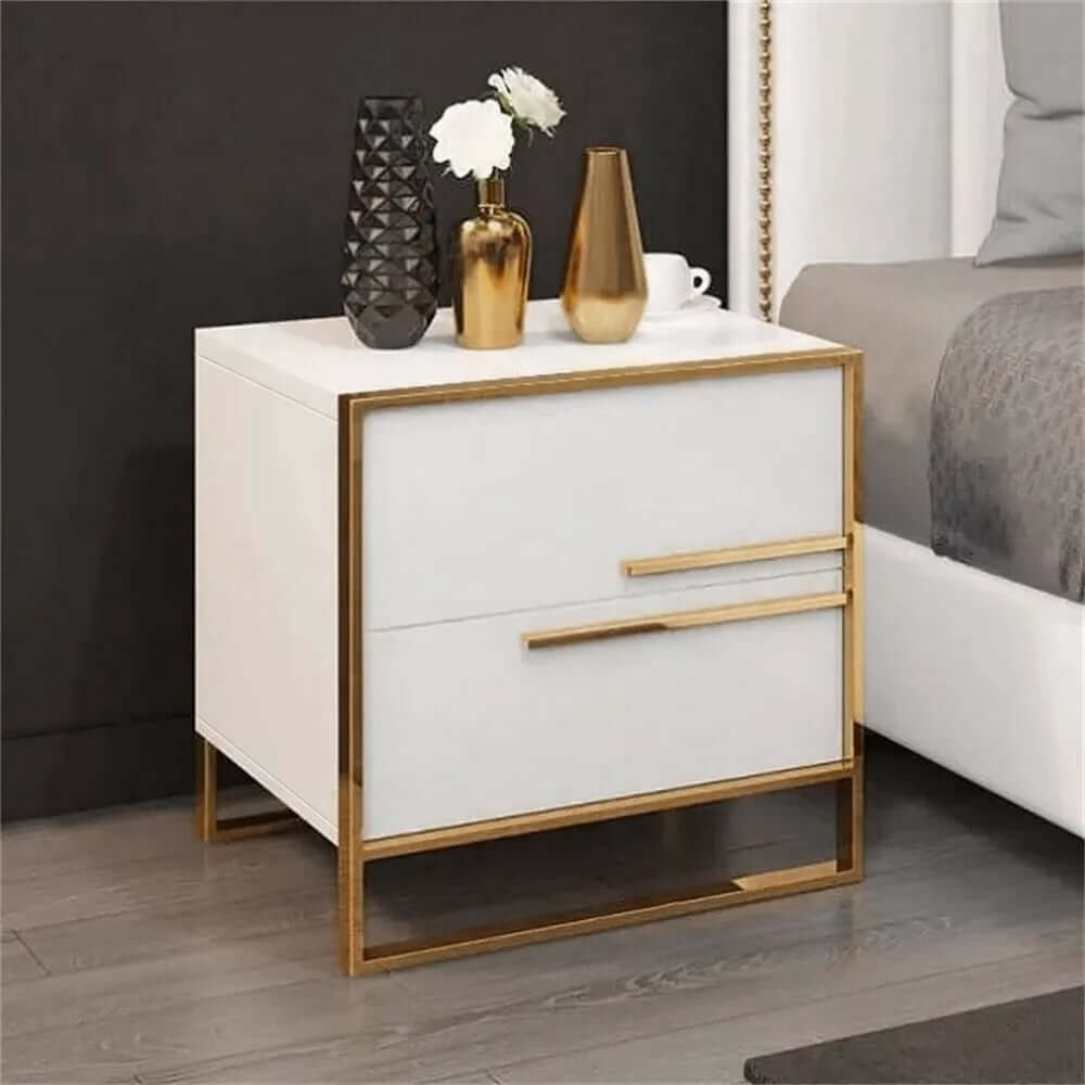 Modern Solid Wood Nightstand With 2 Drawers - White & Black