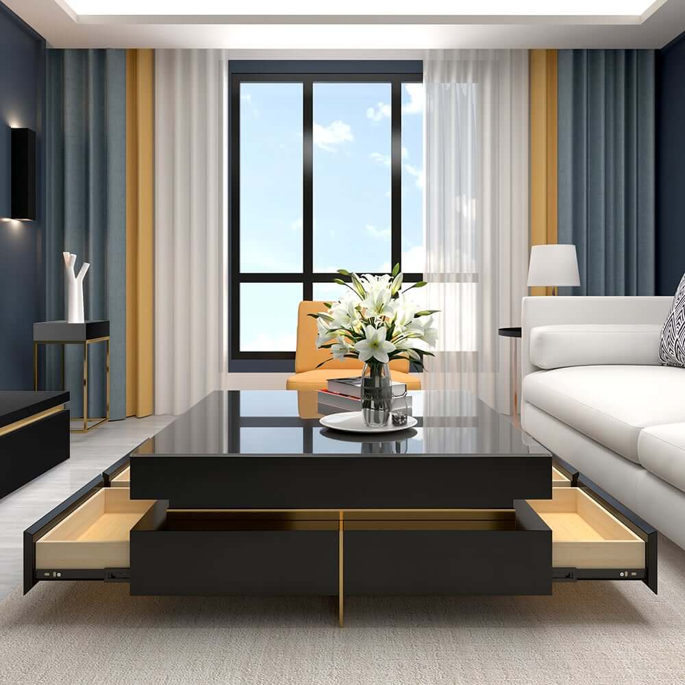 Modern Square Coffee Table With Glass Top And 4 Drawers