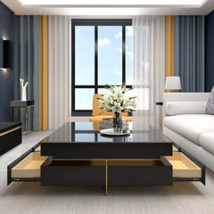 Modern Square Coffee Table With Glass Top And 4 Drawers