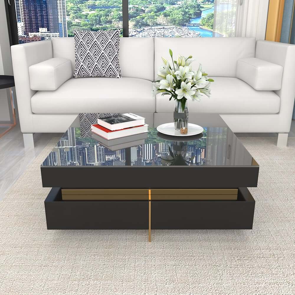 Modern Square Coffee Table With Glass Top And 4 Drawers