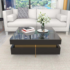 Modern Square Coffee Table With Glass Top And 4 Drawers