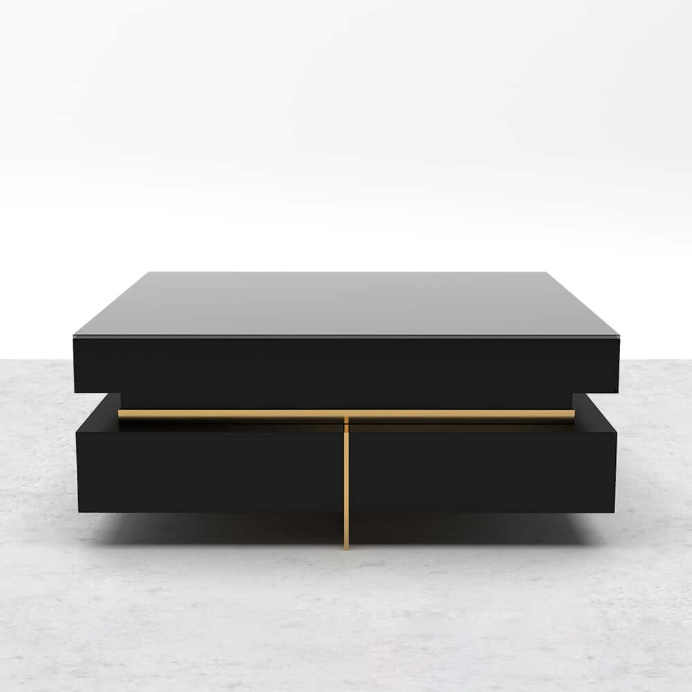 Modern Square Coffee Table With Glass Top And 4 Drawers