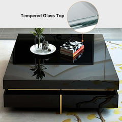 Modern Square Coffee Table With Glass Top And 4 Drawers