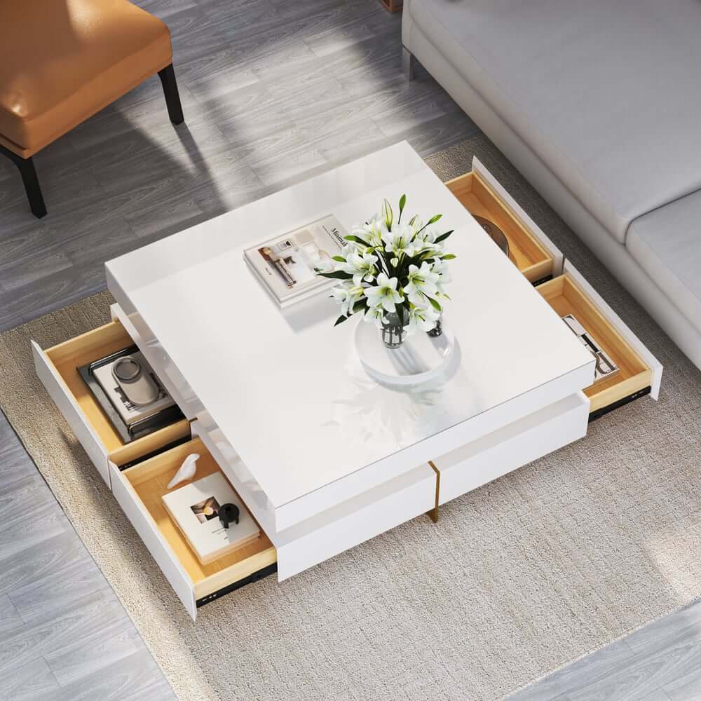 Modern Square Coffee Table With Glass Top And 4 Drawers