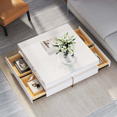 Modern Square Coffee Table With Glass Top And 4 Drawers