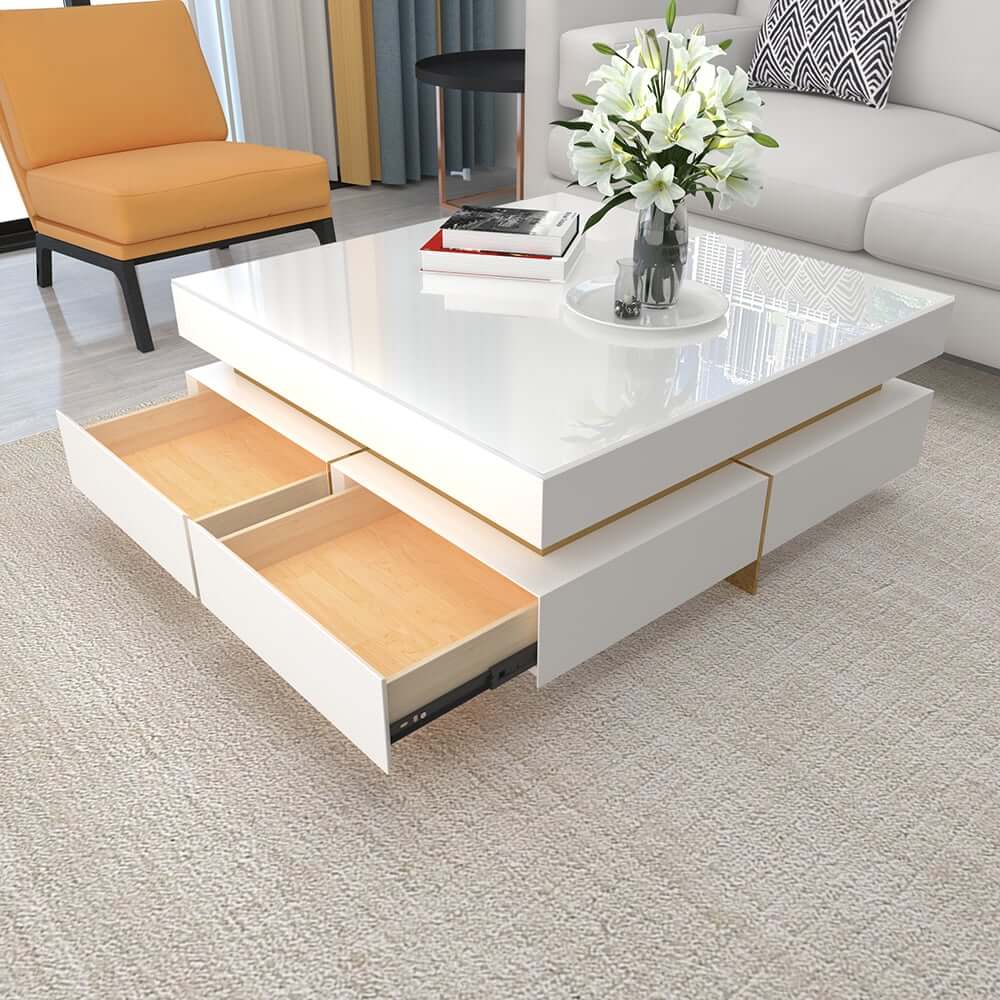 Modern Square Coffee Table With Glass Top And 4 Drawers