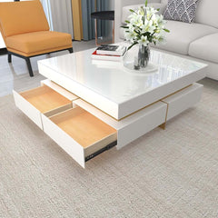 Modern Square Coffee Table With Glass Top And 4 Drawers