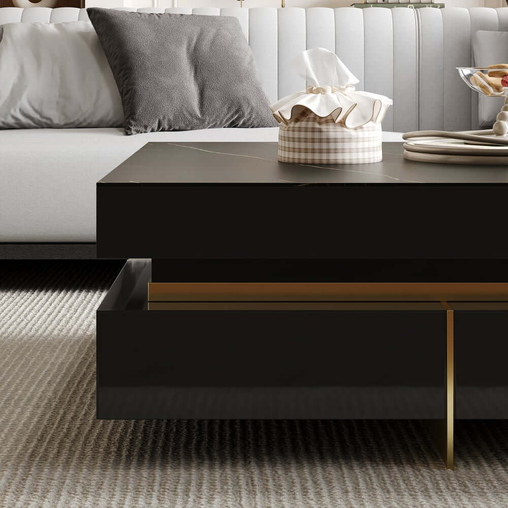 Modern Square Coffee Table With Glass Top And 4 Drawers