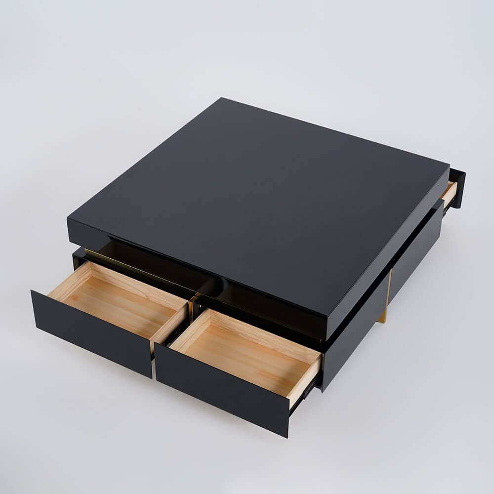 Modern Square Coffee Table With Glass Top And 4 Drawers
