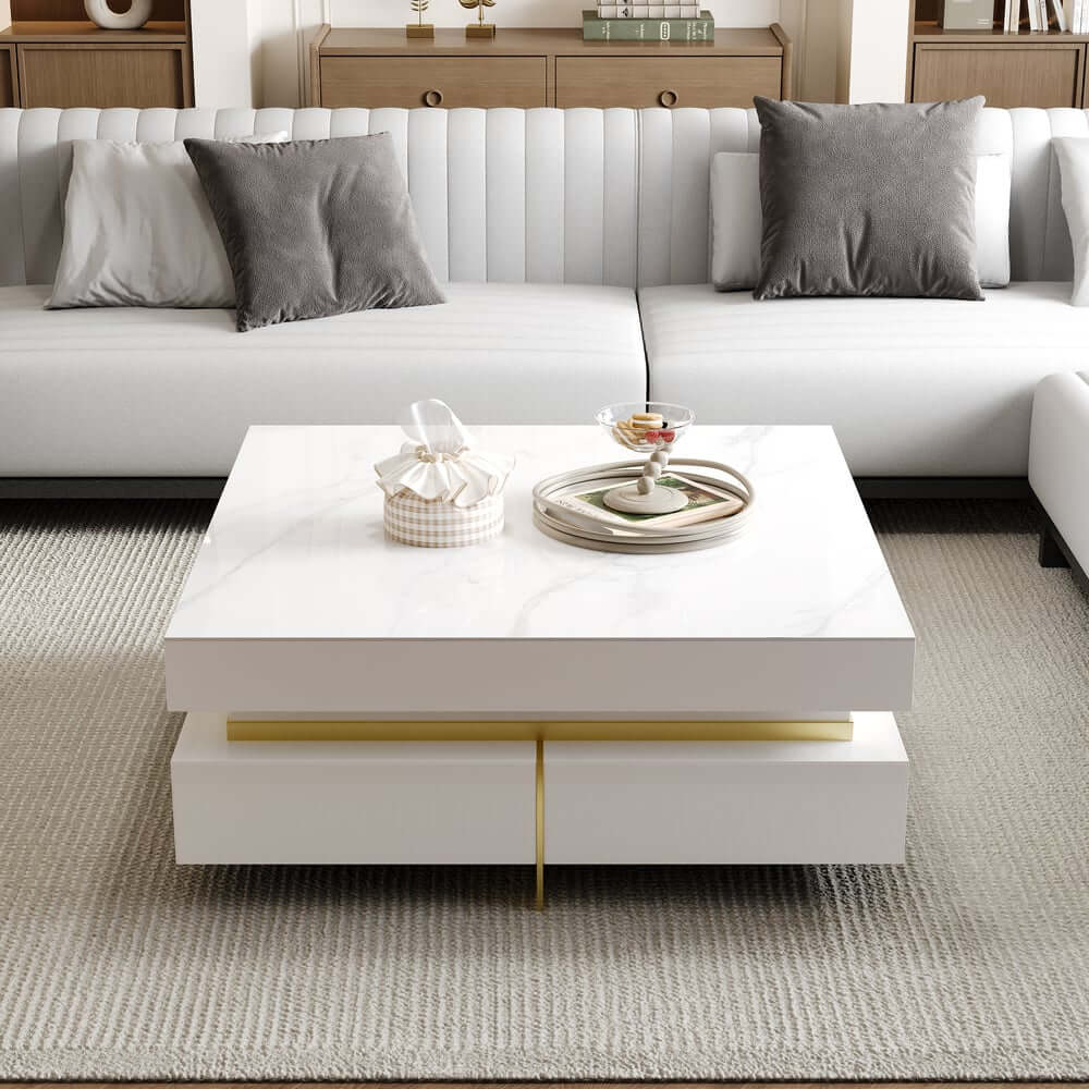 Modern Square Coffee Table With Glass Top And 4 Drawers