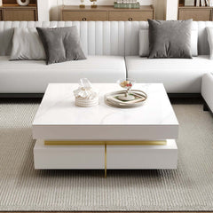 Modern Square Coffee Table With Glass Top And 4 Drawers