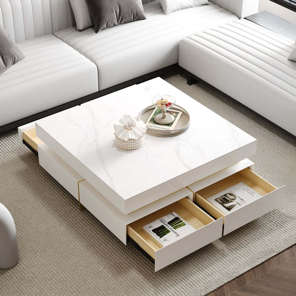 Modern Square Coffee Table With Glass Top And 4 Drawers