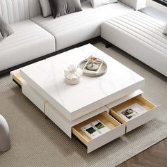 Modern Square Coffee Table With Glass Top And 4 Drawers