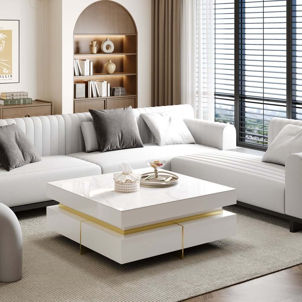 Modern Square Coffee Table With Glass Top And 4 Drawers