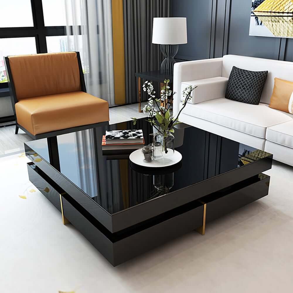 Modern Square Coffee Table With Glass Top And 4 Drawers