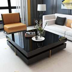 Modern Square Coffee Table With Glass Top And 4 Drawers