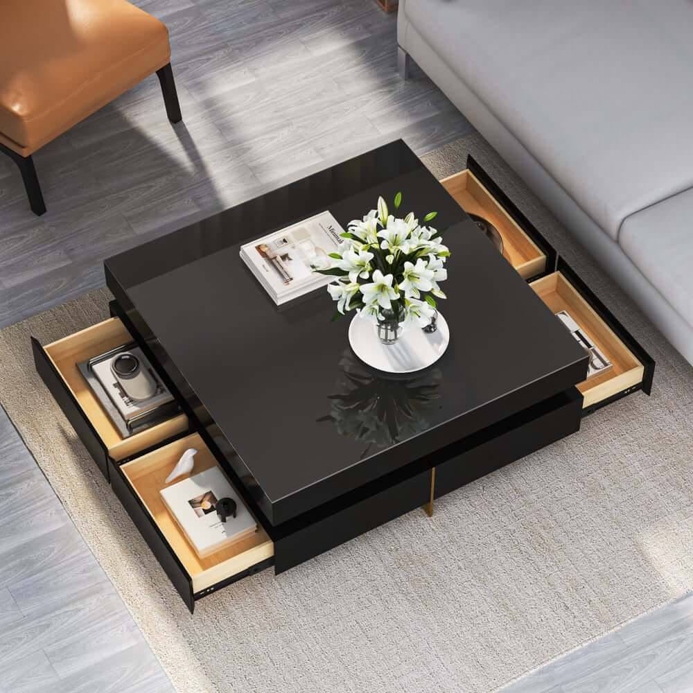 Modern Square Coffee Table With Glass Top And 4 Drawers