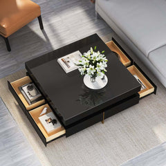 Modern Square Coffee Table With Glass Top And 4 Drawers