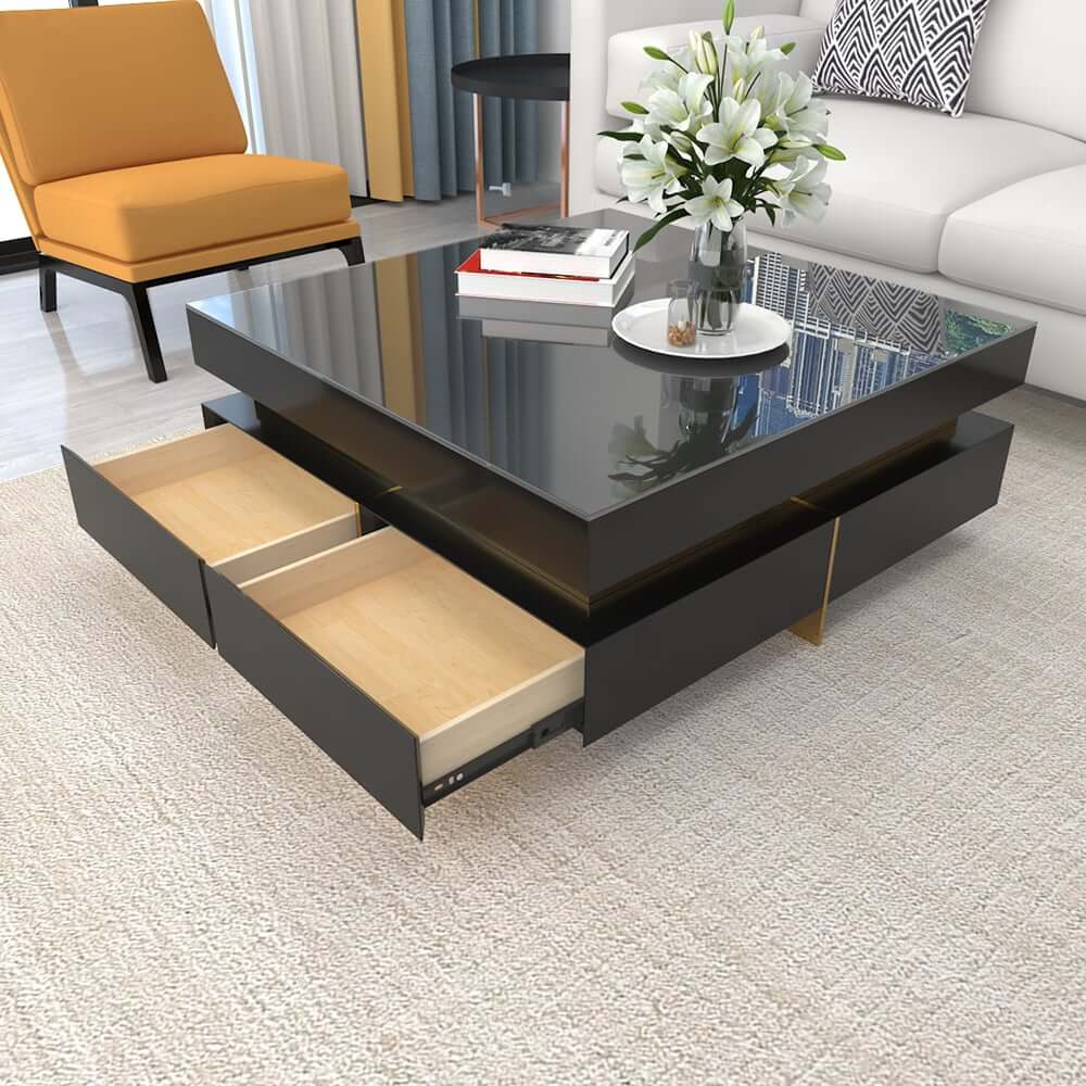 Modern Square Coffee Table With Glass Top And 4 Drawers