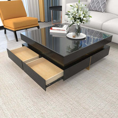 Modern Square Coffee Table With Glass Top And 4 Drawers