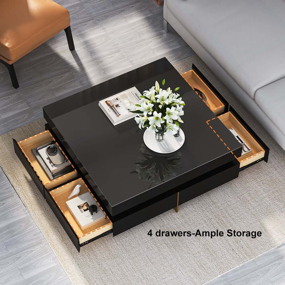 Modern Square Coffee Table With Glass Top And 4 Drawers