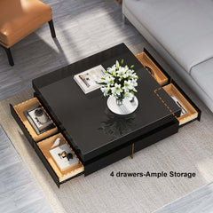 Modern Square Coffee Table With Glass Top And 4 Drawers