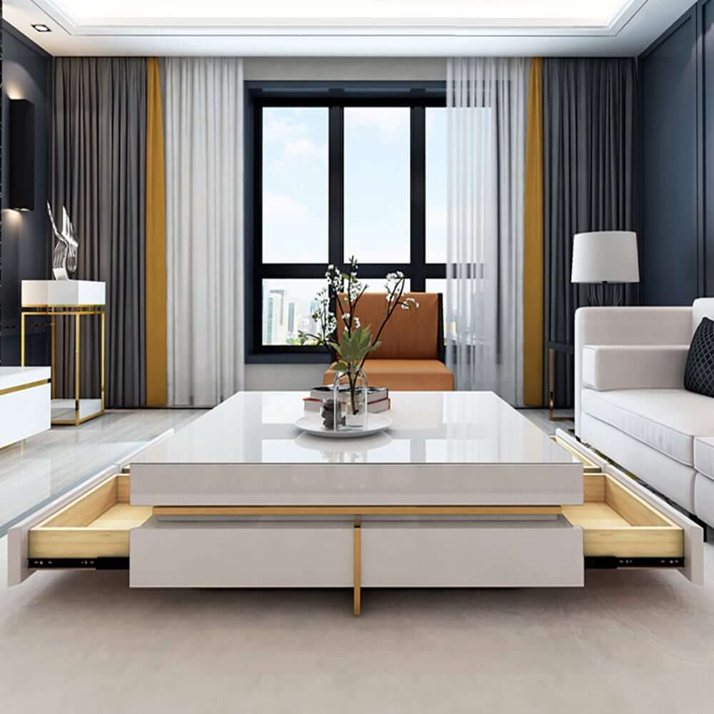 Modern Square Coffee Table With Glass Top And 4 Drawers