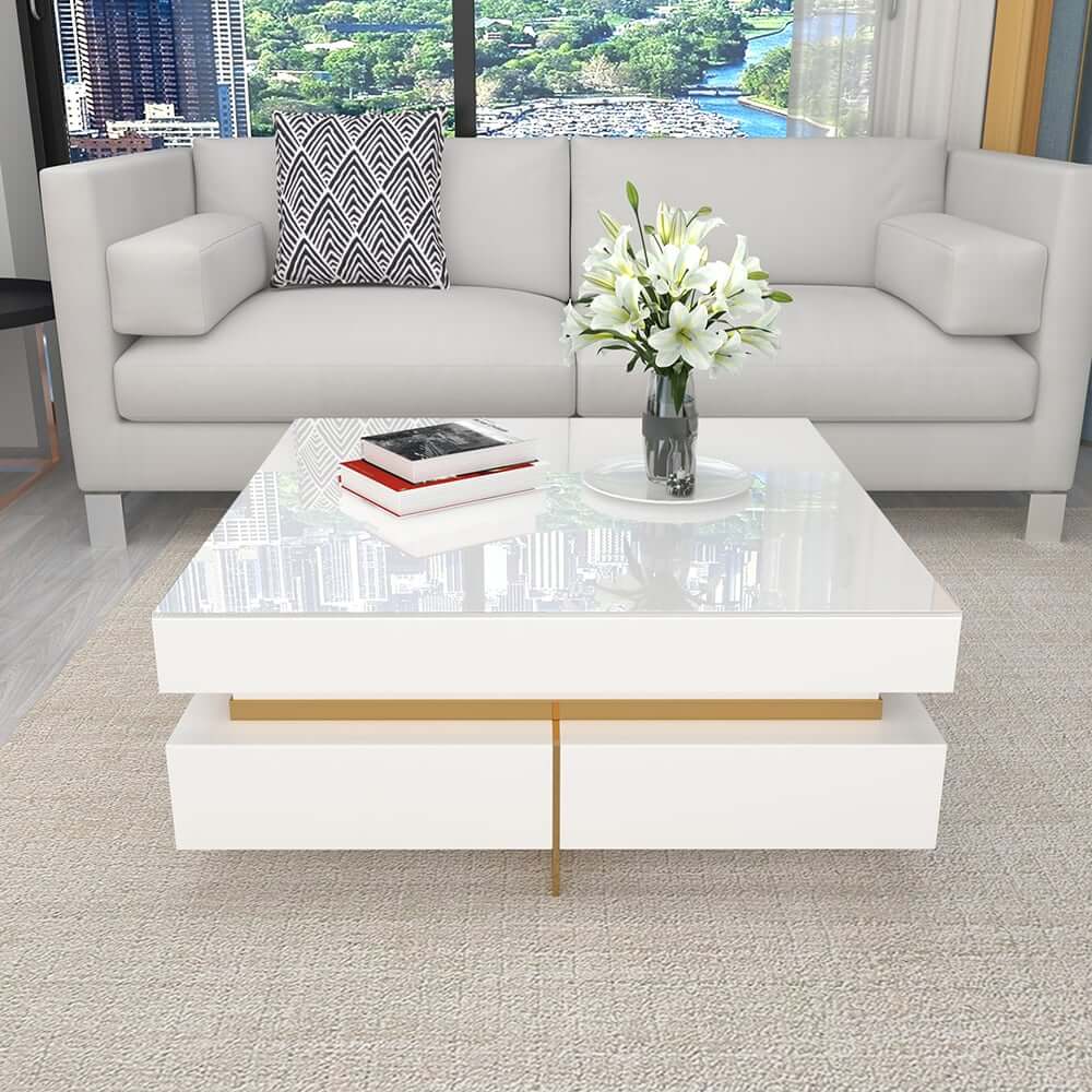 Modern Square Coffee Table With Glass Top And 4 Drawers
