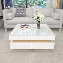 Modern Square Coffee Table With Glass Top And 4 Drawers