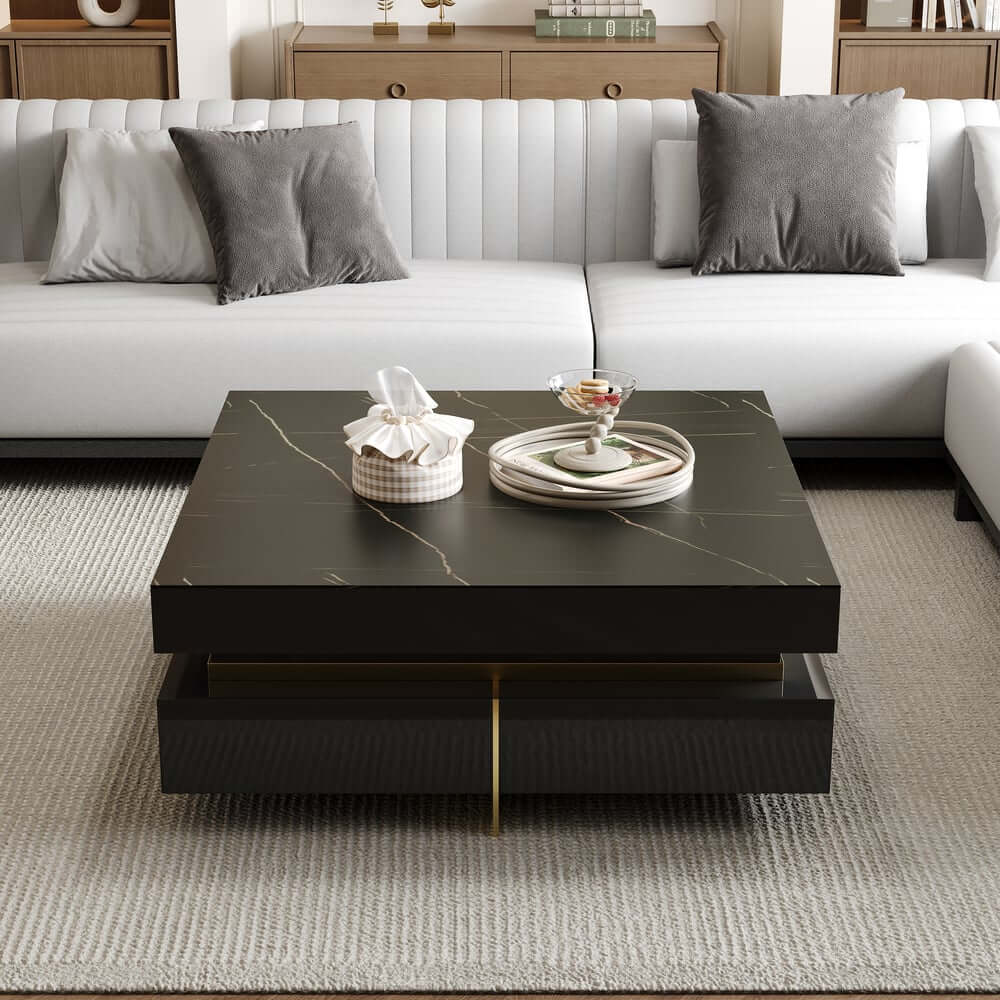 Modern Square Coffee Table With Glass Top And 4 Drawers