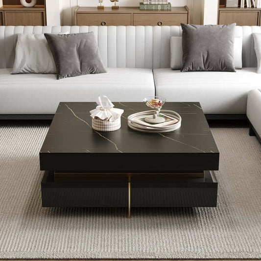 Modern Square Coffee Table With Glass Top And 4 Drawers