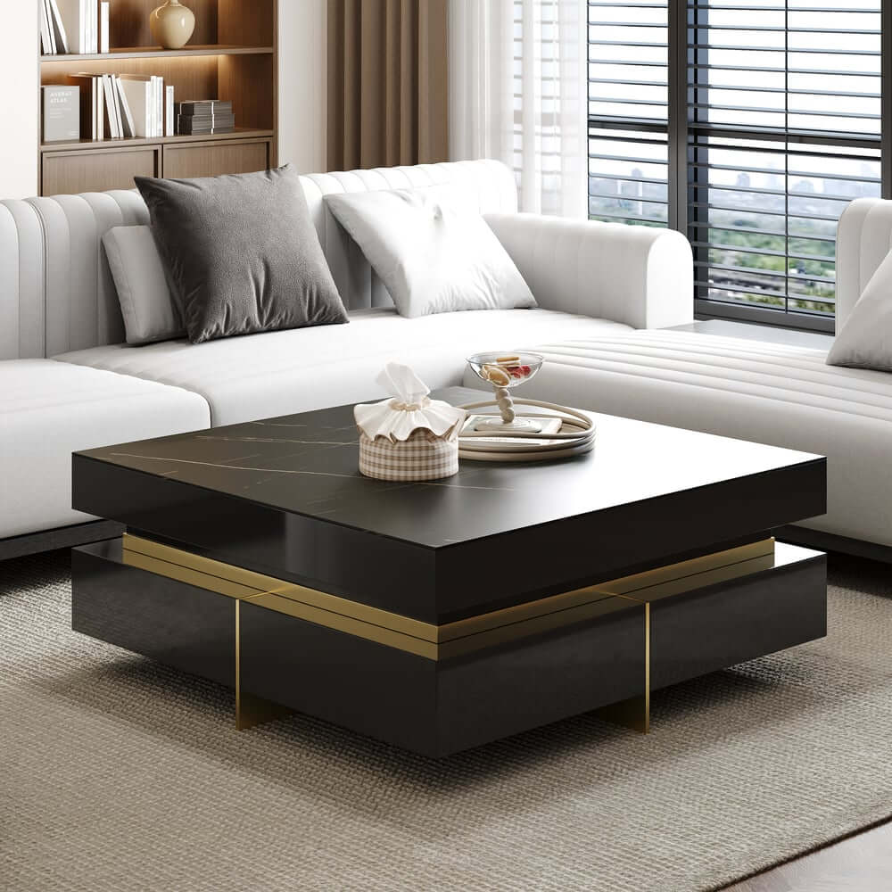 Modern Square Coffee Table With Glass Top And 4 Drawers
