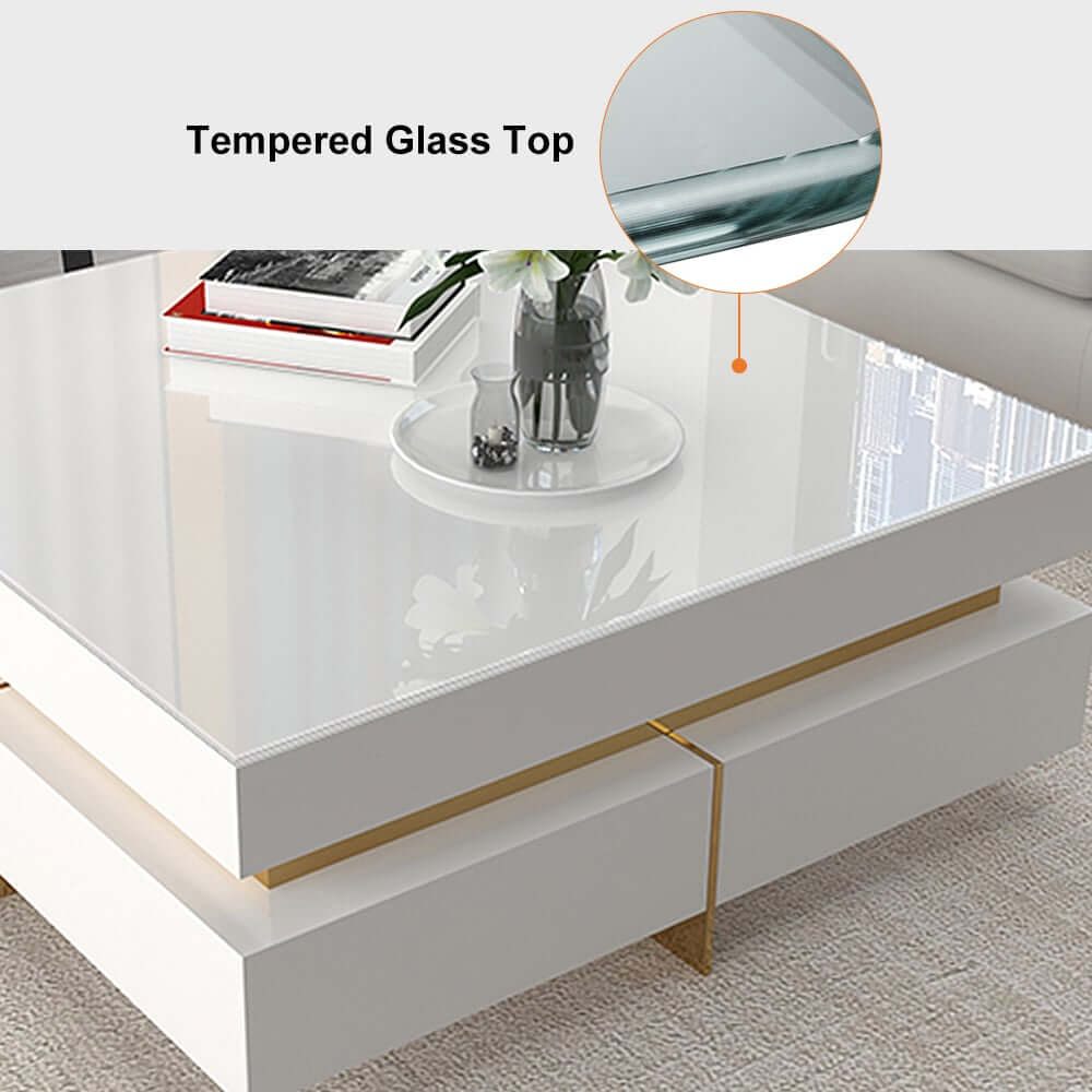 Modern Square Coffee Table With Glass Top And 4 Drawers