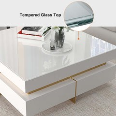 Modern Square Coffee Table With Glass Top And 4 Drawers
