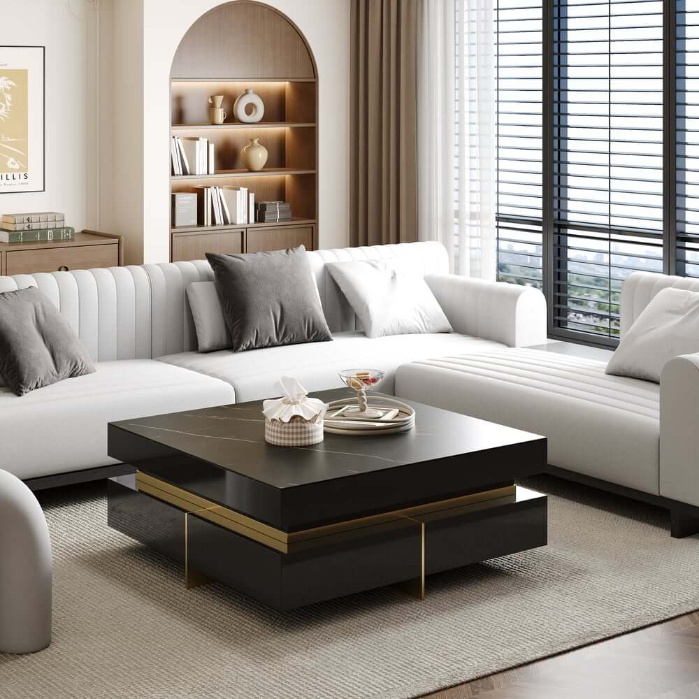 Modern Square Coffee Table With Glass Top And 4 Drawers