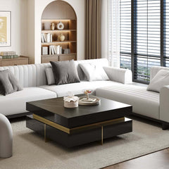 Modern Square Coffee Table With Glass Top And 4 Drawers