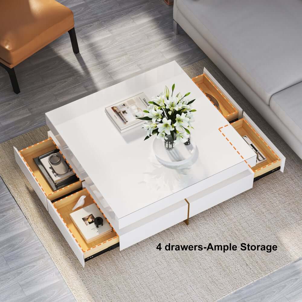 Modern Square Coffee Table With Glass Top And 4 Drawers
