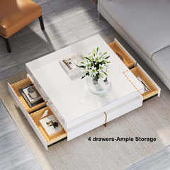 Modern Square Coffee Table With Glass Top And 4 Drawers